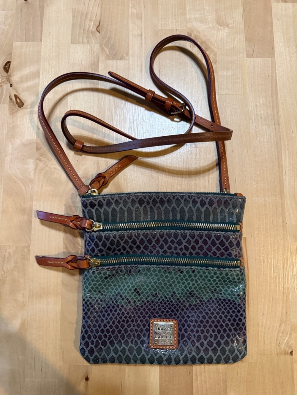 Dooney & Bourke Green and Black Snake-Print Crossbody